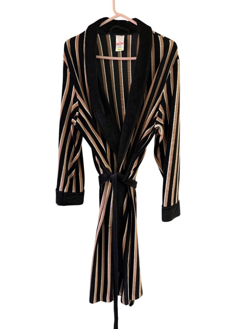 St. Michael Mens Striped Velour Feel Self Wrap Robe Size Large Black Tan Vintage - Picture 6 of 8
